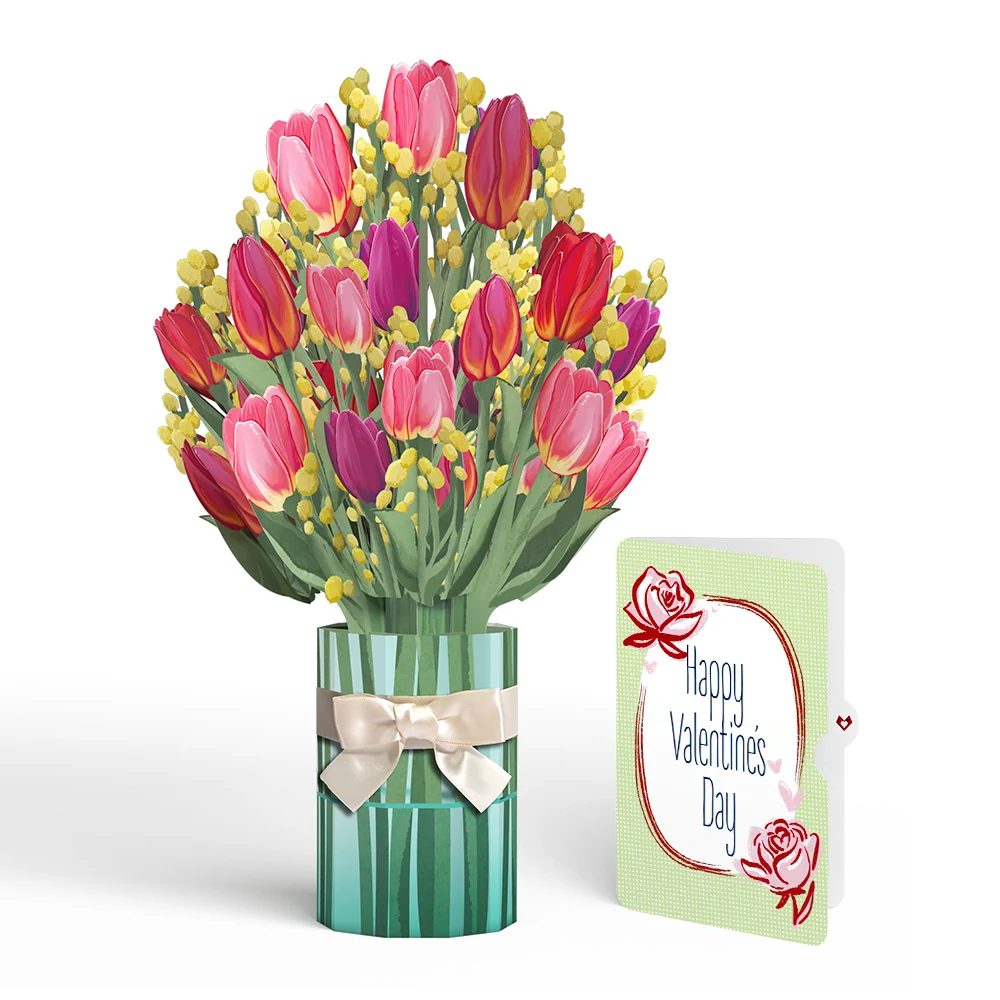 Lovepop Cheerful Tulips Valentine Bouquet and Sweet Rose Sentiment Set Vase