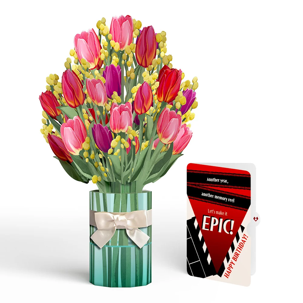 Lovepop Cheerful Tulips Birthday Bouquet and Epic Reel Sentiment Set Vase