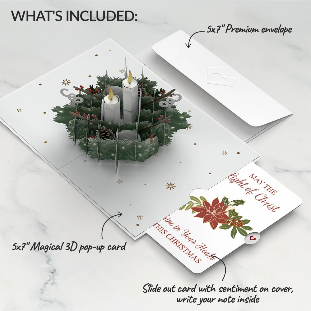 Lovepop Winter Greens Christmas Candle Pop-Up Card and Poinsettia Light of Christ Sentiment Set - Image 2