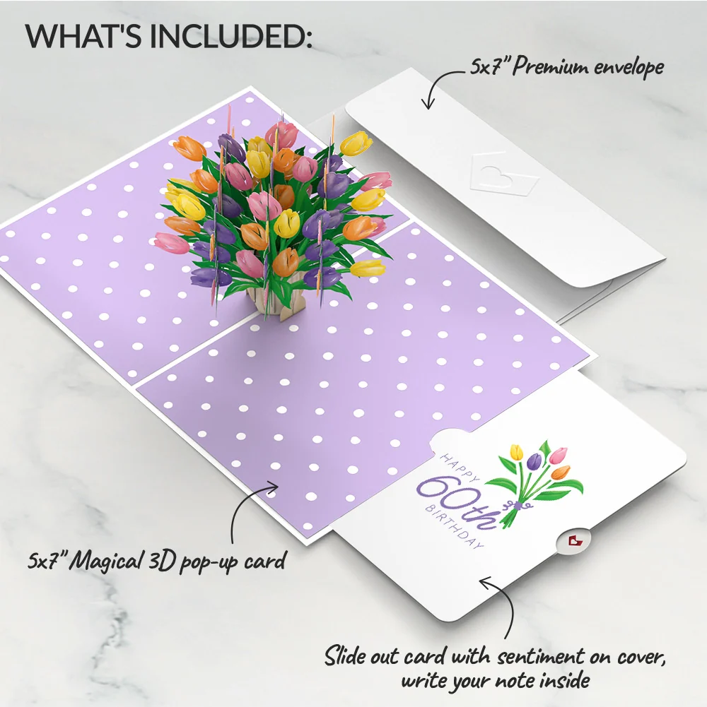 Lovepop Tulips 60th Birthday Pop-Up Card and Spring Tulips Sentiment Set Vase - Image 2