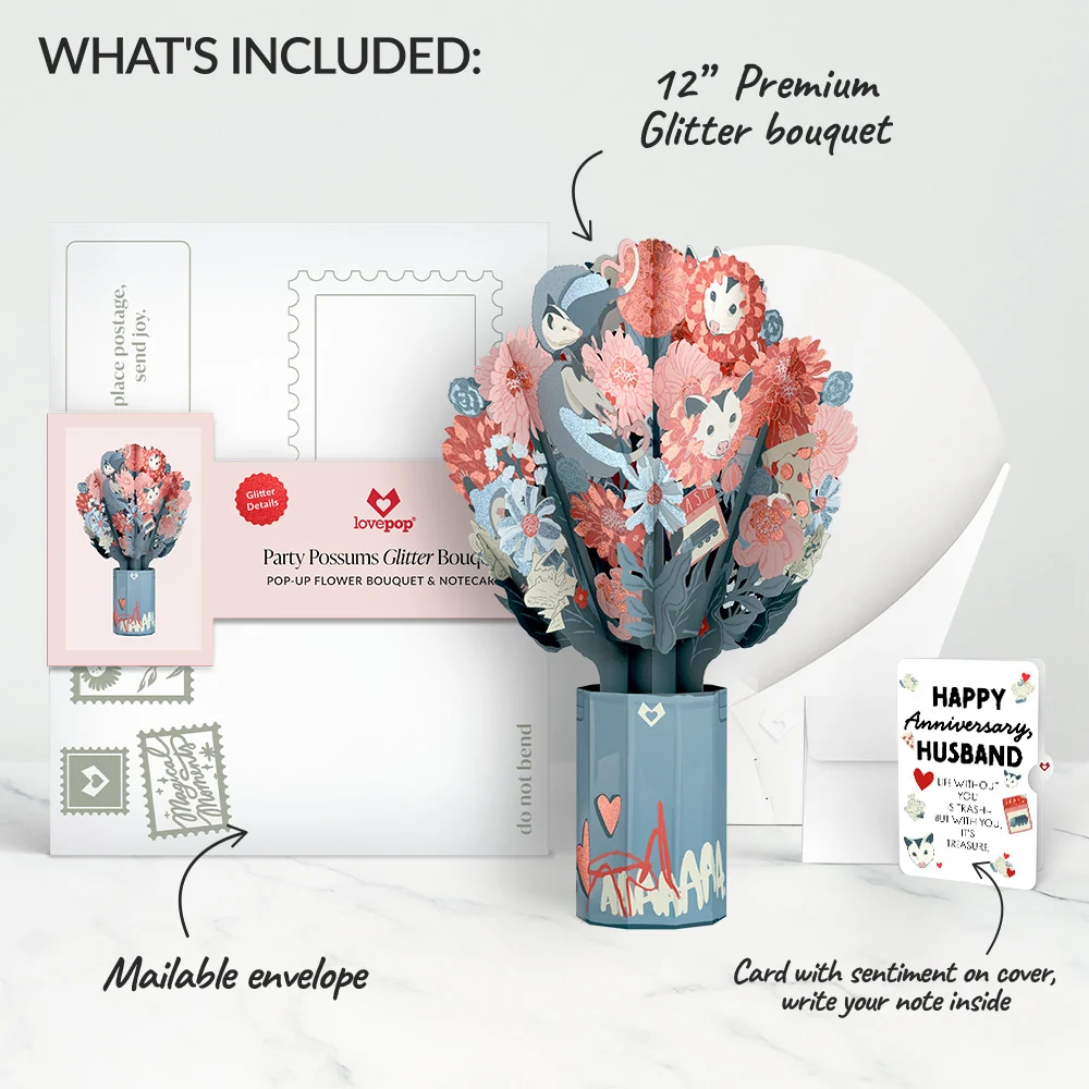 Lovepop Party Possums Anniversary Glitter Bouquet and Sentiment Set for Husband Vase - Image 2