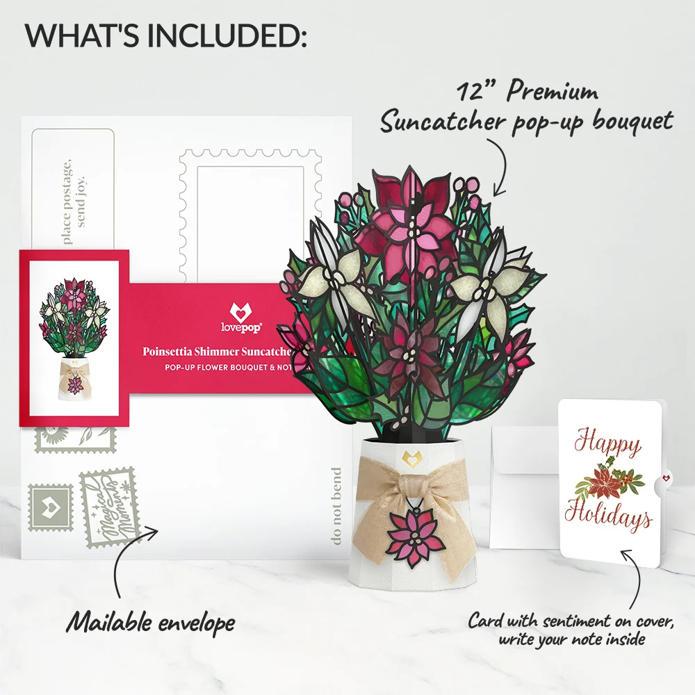 Lovepop Poinsettia Shimmer Holiday Suncatcher Bouquet and Sentiment Set Glass - Image 2