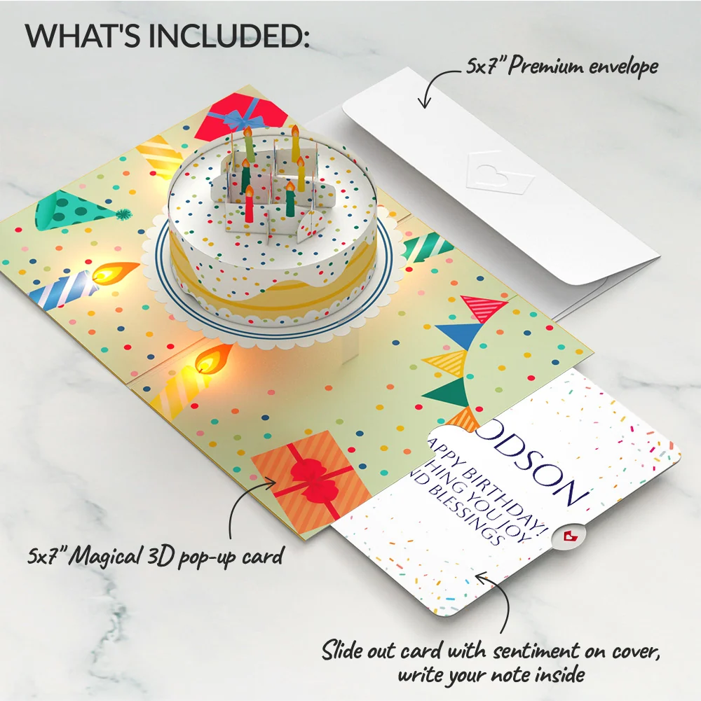 Lovepop Happy Birthday Confetti Cake Music and Lights Pop-Up Card and Sentiment Set for Godson Candle - Image 2