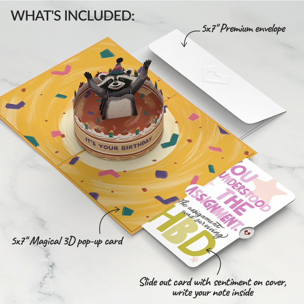 Lovepop Go Feral Raccoon Birthday Pop-Up Card and Surviving Assignment Sentiment Set Candle - Image 2