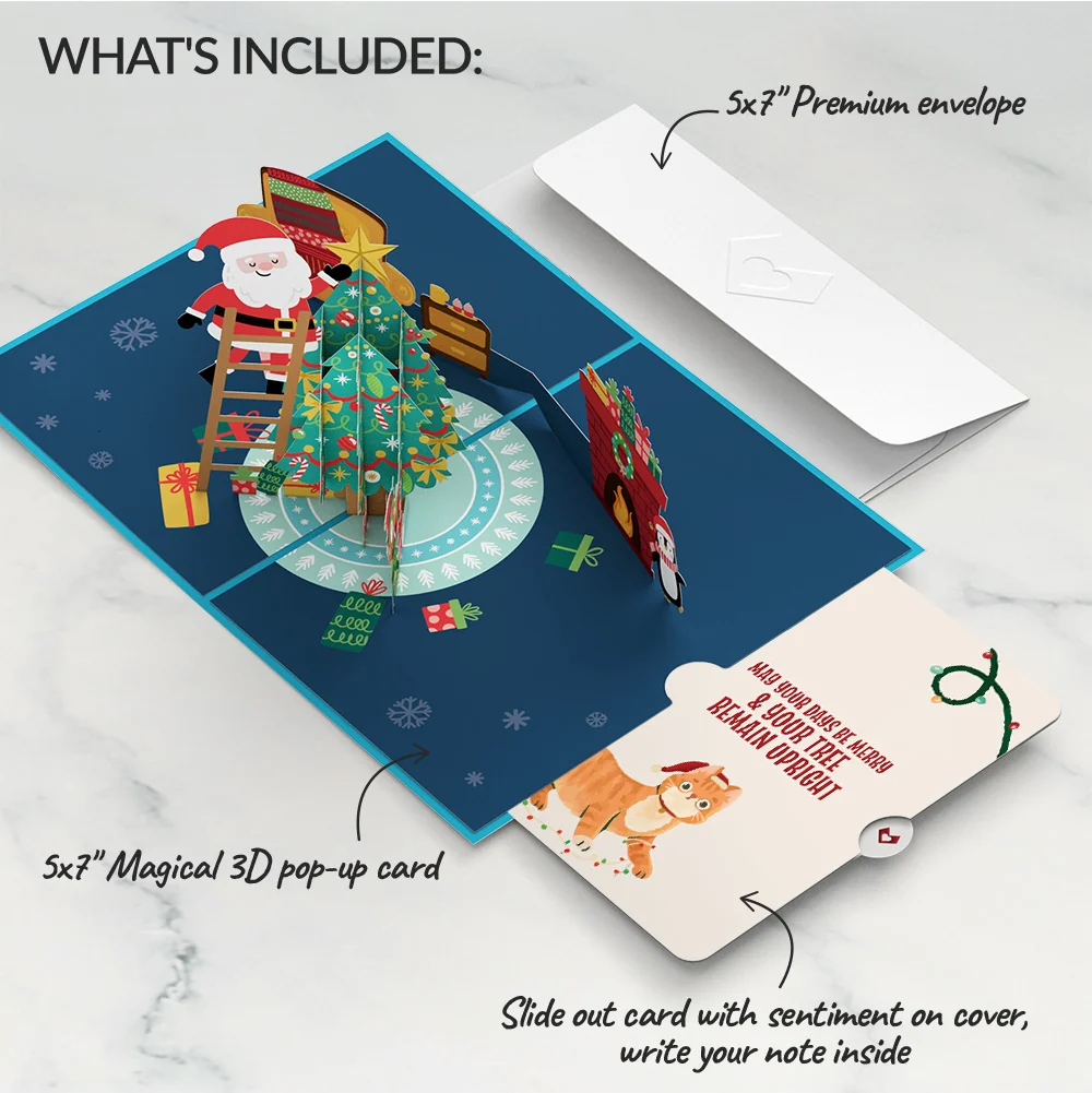 Lovepop Santa Decorating a Christmas Tree Pop-Up Card and Funny Cat Sentiment Set Cream - Image 2