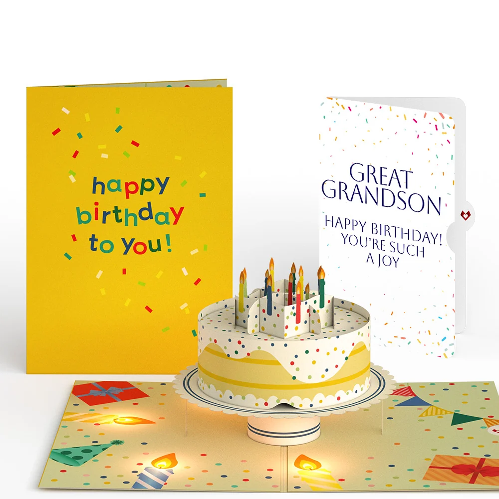 Lovepop Happy Birthday Confetti Cake Music and Lights Pop-Up Card and Sentiment Set for Great Grandson Candle