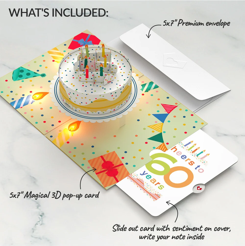 Lovepop Happy Birthday Confetti Cake Music and Lights Pop-Up Card and Cheers to 60th Years Sentiment Set Candle - Image 2