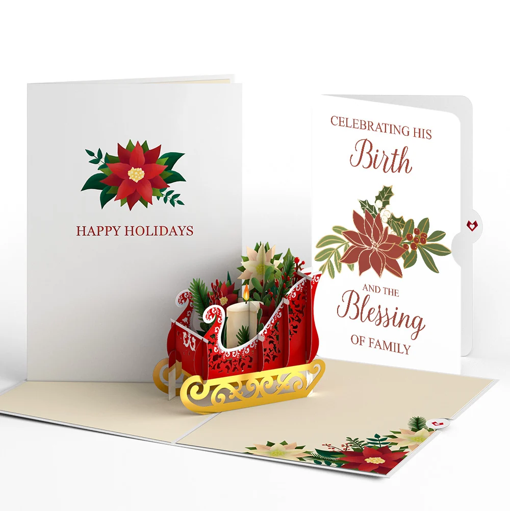 Lovepop Holiday Poinsettia Sleigh Pop-Up Card and Blessing Christmas Sentiment Set Candle
