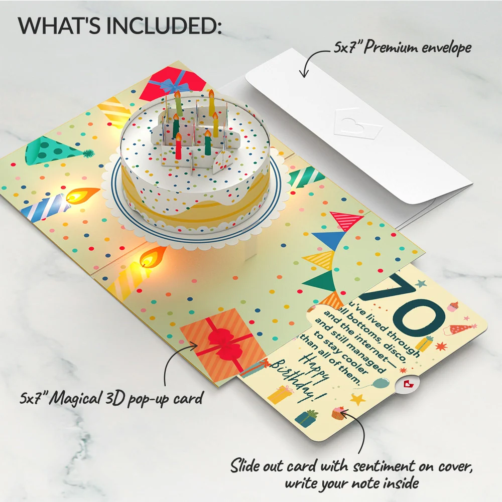Lovepop Happy 70th Birthday Confetti Cake Music and Lights Pop-Up Card and Sentiment Set Candle - Image 2