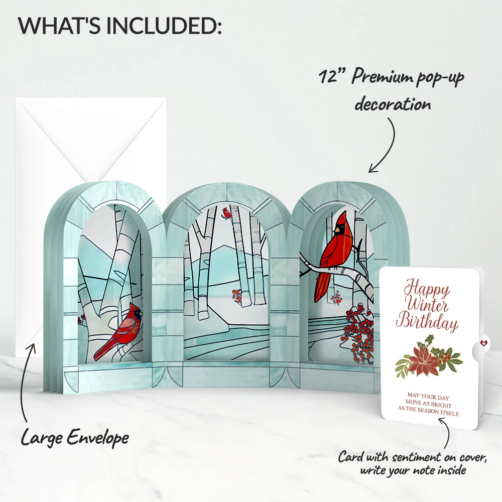 Lovepop Stained Glass Winter Cardinal Pop-Up Gift and Poinsettia Birthday Sentiment Set - Image 2