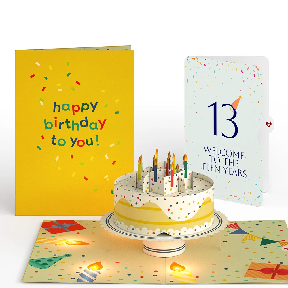 Lovepop Happy 13th Birthday Confetti Cake Music and Lights Pop-Up Card and Party Hat Sentiment Set Candle