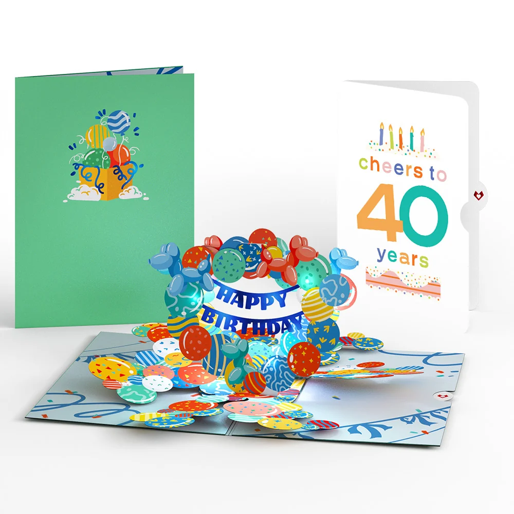 Lovepop Happy 40th Birthday Balloons Music and Lights Pop-Up Card and Confetti Cake Sentiment Set Glass