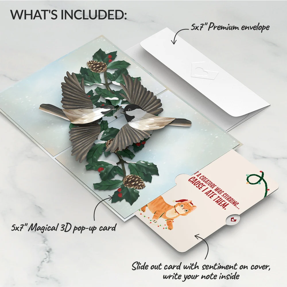 Lovepop Winter Chickadees Pop-Up Card and Hungry Cat Christmas Sentiment Set - Image 2