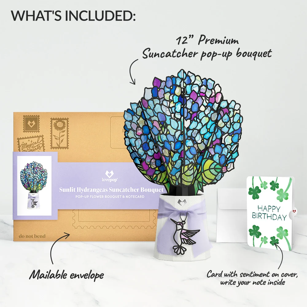 Lovepop Sunlit Hydrangeas Birthday Suncatcher Bouquet and Shamrock Sprigs Sentiment Set Glass - Image 2