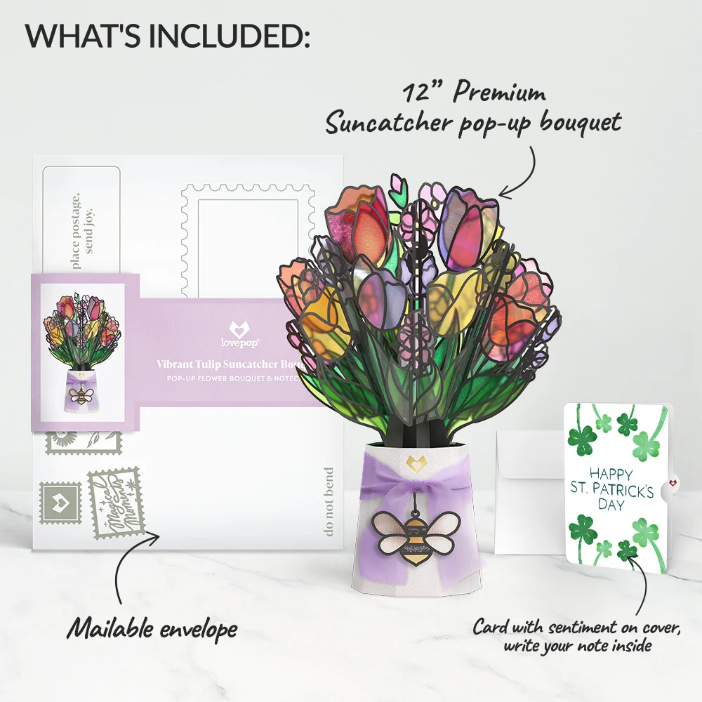 Lovepop Vibrant Tulip St. Patrick’s Day Suncatcher Bouquet and Sentiment Set Glass - Image 2