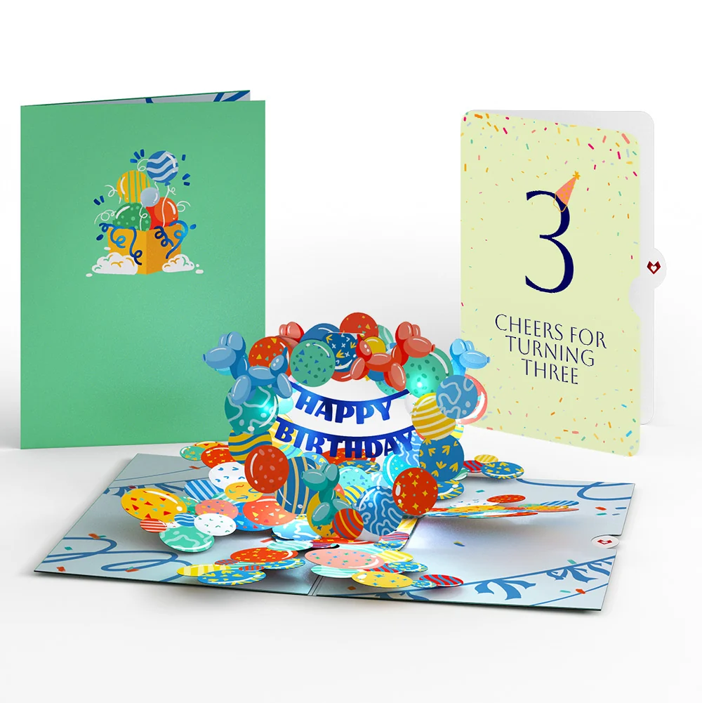 Lovepop Happy 3rd Birthday Balloons Music and Lights Pop-Up Card and Party Hat Sentiment Set