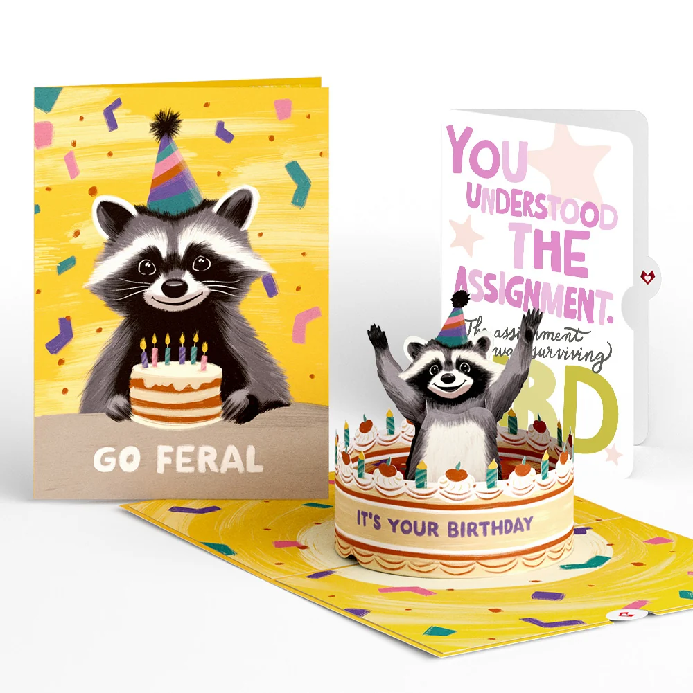 Lovepop Go Feral Raccoon Birthday Pop-Up Card and Surviving Assignment Sentiment Set Candle