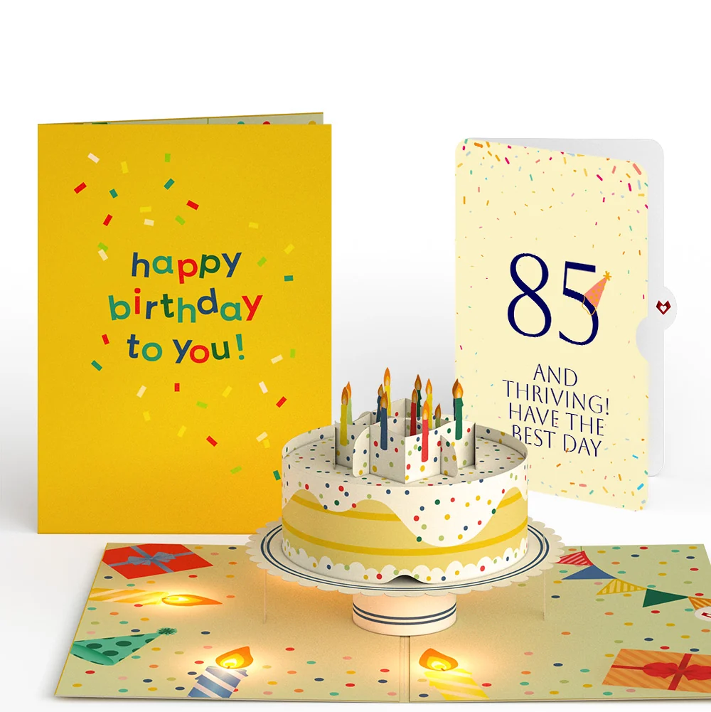 Lovepop Happy 85th Birthday Confetti Cake Music and Lights Pop-Up Card and Party Hat Sentiment Set Candle