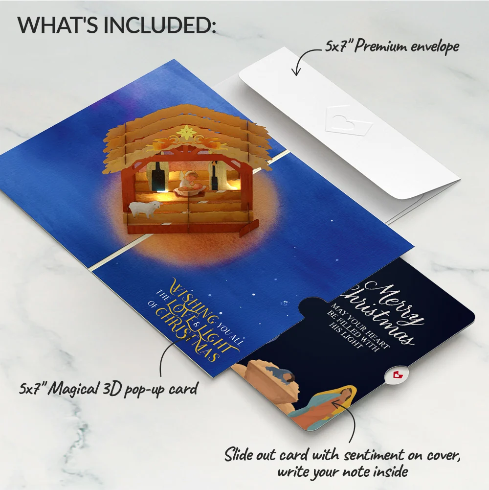 Lovepop A Child is Born Nativity Christmas Light-Up Pop-Up Card and Sentiment Set Straw - Image 2