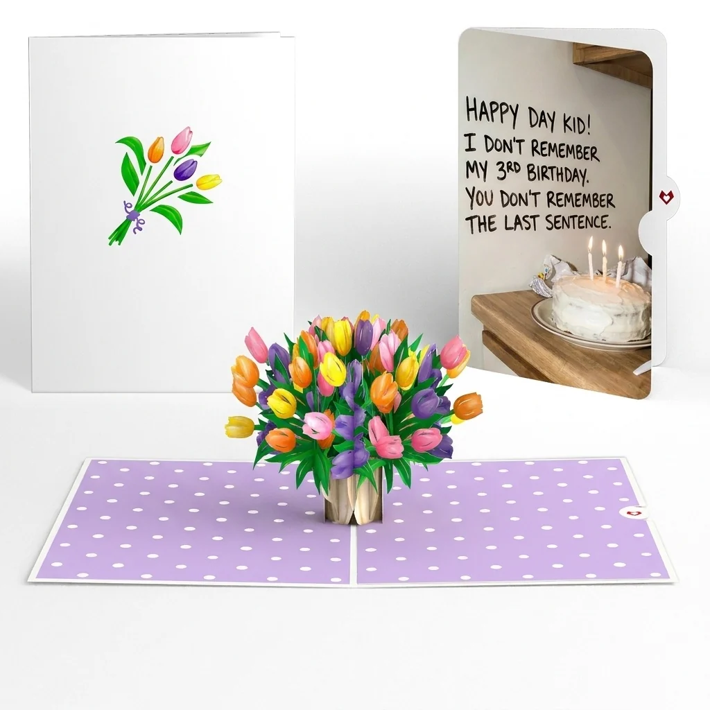 Lovepop Timeless Tulips 3rd Birthday Pop-Up Card and Memory Gap Sentiment Set for Kid Candle