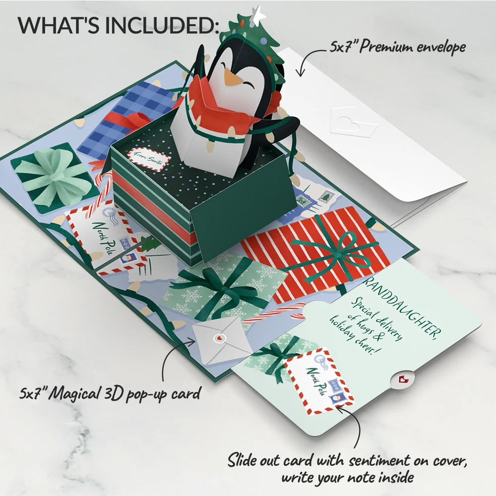 Lovepop Season's Greetings Penguin Surprise Pop-Up Card and Sentiment Set for Granddaughter - Image 2
