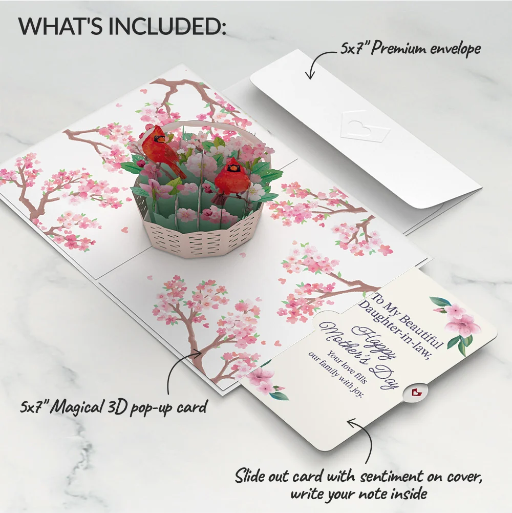 Lovepop Cherry Blossom Basket with Cardinals Mother's Day Pop-Up Card and Sentiment Set for Daughter-in-law - Image 2