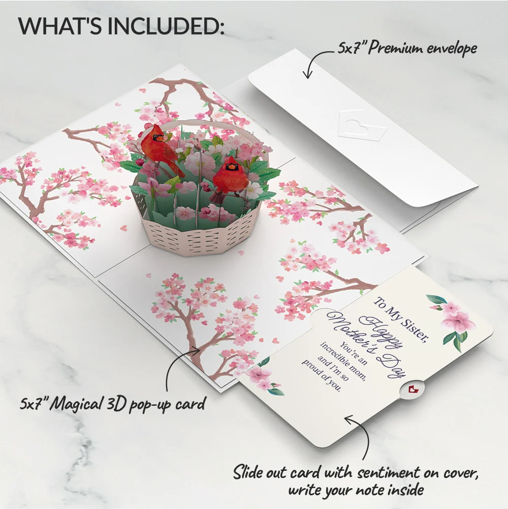 Lovepop Cherry Blossom Basket with Cardinals Mother's Day Pop-Up Card and Sentiment Set for Sister - Image 2