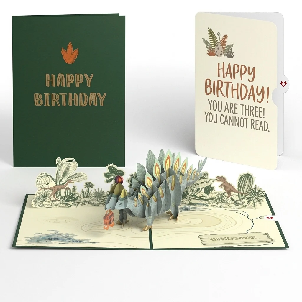 Lovepop Happy 3rd Birthday Stegosaurus Pop-Up Card and Dinosaur Cannot Read Sentiment Set Plate