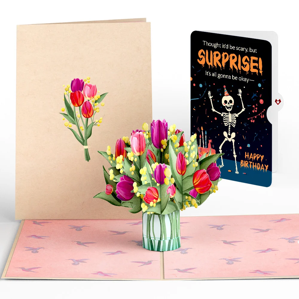 Lovepop Cheerful Tulips Birthday Pop-Up Card and Surprise Skeleton Sentiment Set Vase