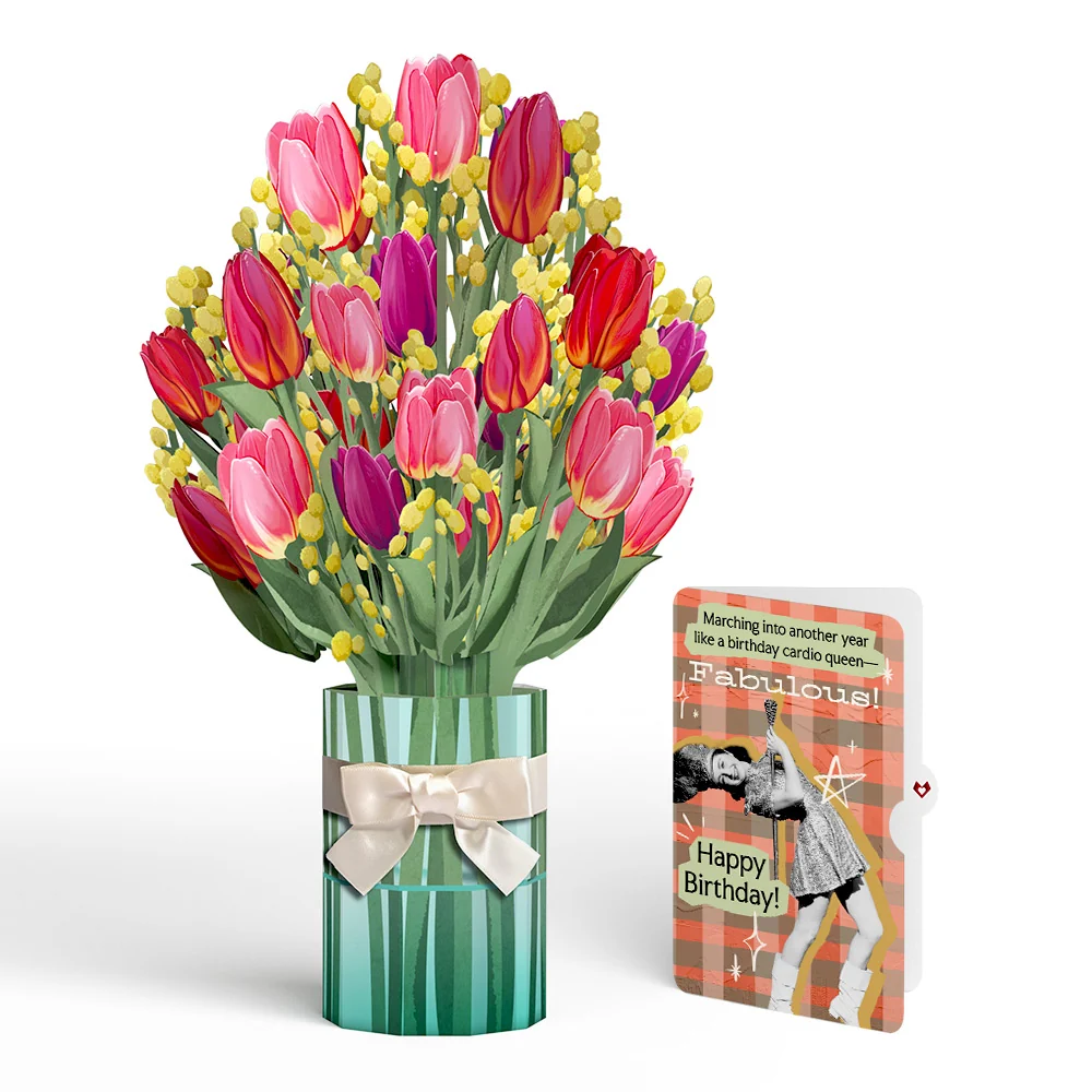 Lovepop Cheerful Tulips Birthday Bouquet and Cardio Queen Sentiment Set Vase