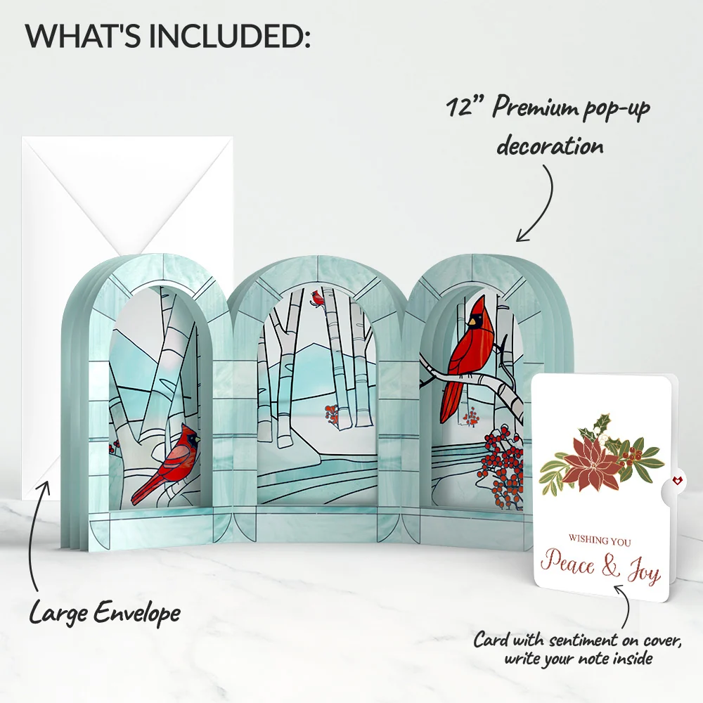 Lovepop Stained Glass Winter Cardinal Pop-Up Gift and Poinsettia Peace & Joy Christmas Sentiment Set - Image 2