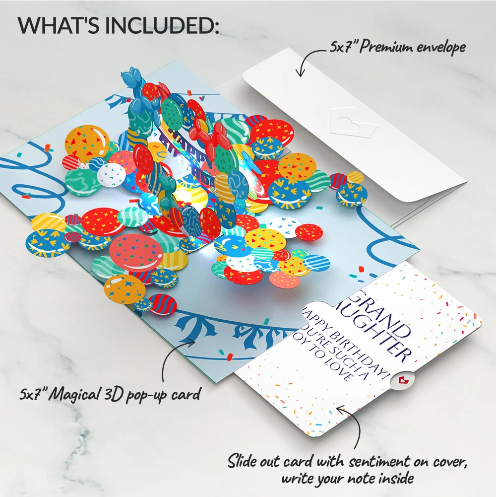 Lovepop Happy Birthday Balloons Music and Lights Pop-Up Card and Sentiment Set for Granddaughter - Image 2