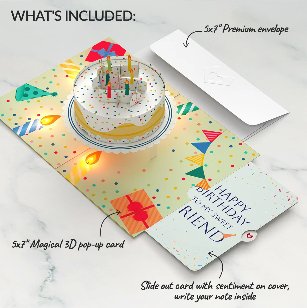 Lovepop Happy Birthday Confetti Cake Music and Lights Pop-Up Card and Sentiment Set for Friend Candle - Image 2