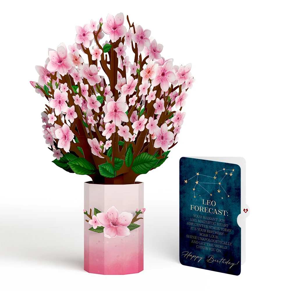 Lovepop Cherry Blossom Birthday Bouquet and Leo Zodiac Sentiment Set Vase
