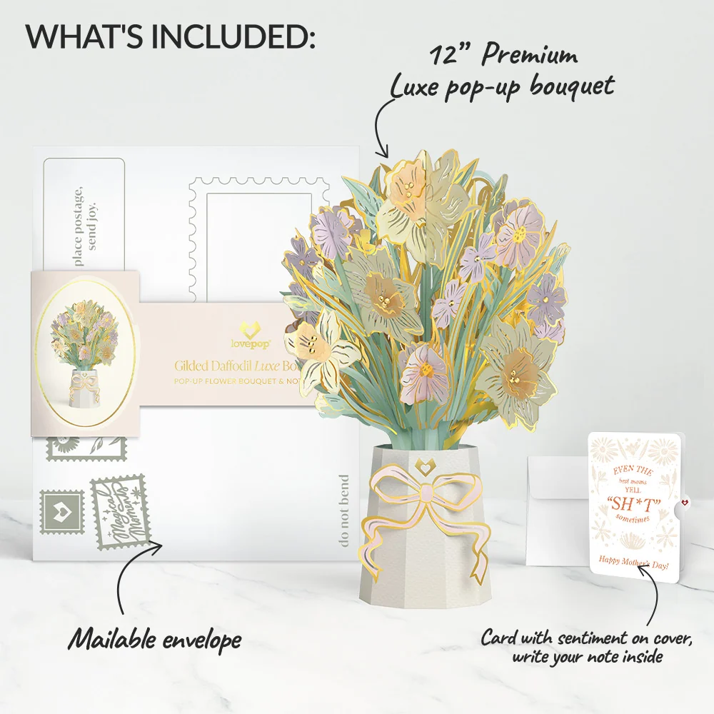 Lovepop Gilded Daffodil Mother’s Day Luxe Bouquet and Retro Bloom Sass Sentiment Set for Mom Vase - Image 2