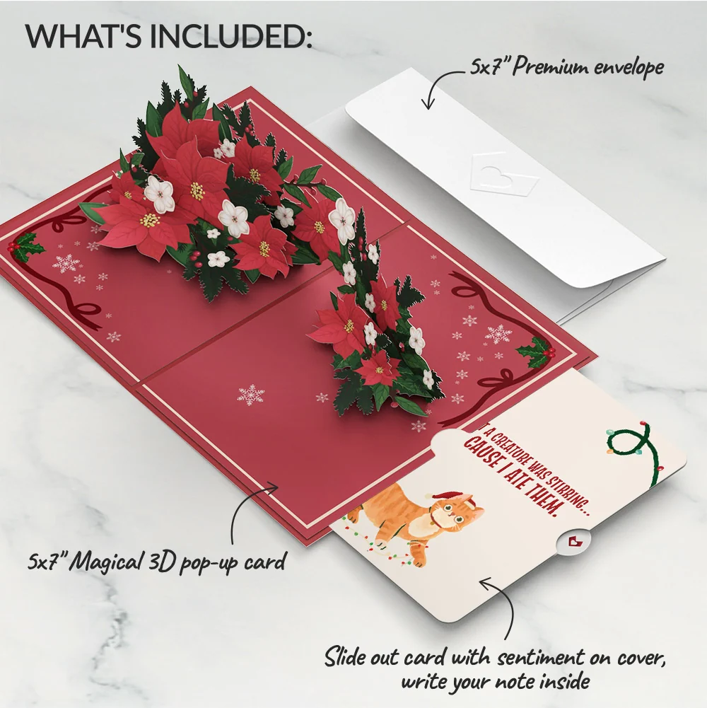 Lovepop Poinsettia & Pine Christmas Pop-Up Card and Hungry Cat Sentiment Set Cream - Image 2