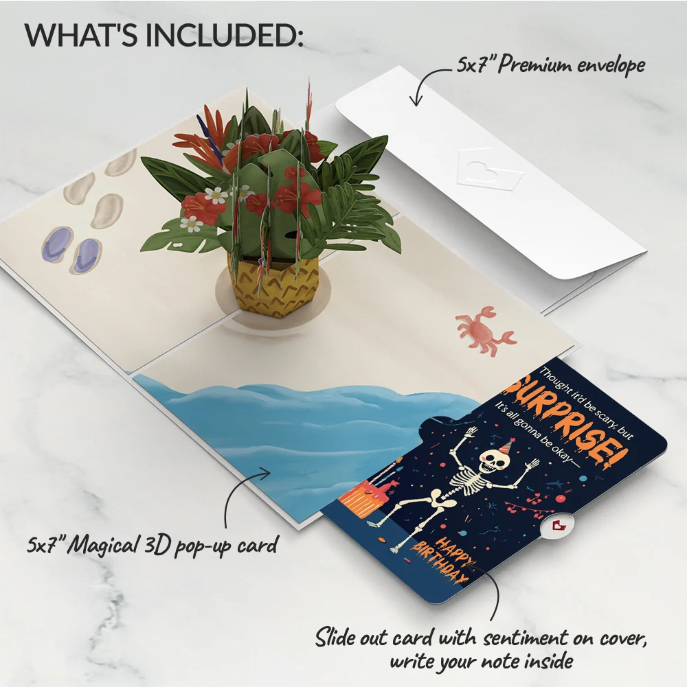 Lovepop Tropical Flower Basket Birthday Pop-Up Card and Surprise Skeleton Sentiment Set - Image 2