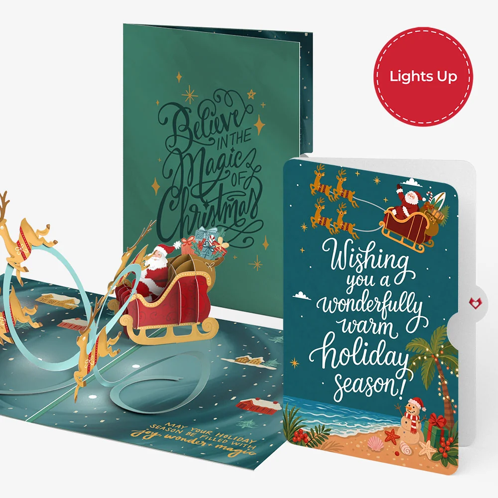 Lovepop Magic of Christmas Santa's Sleigh Light-Up Pop-Up Card and Tropical Holiday Sentiment Set
