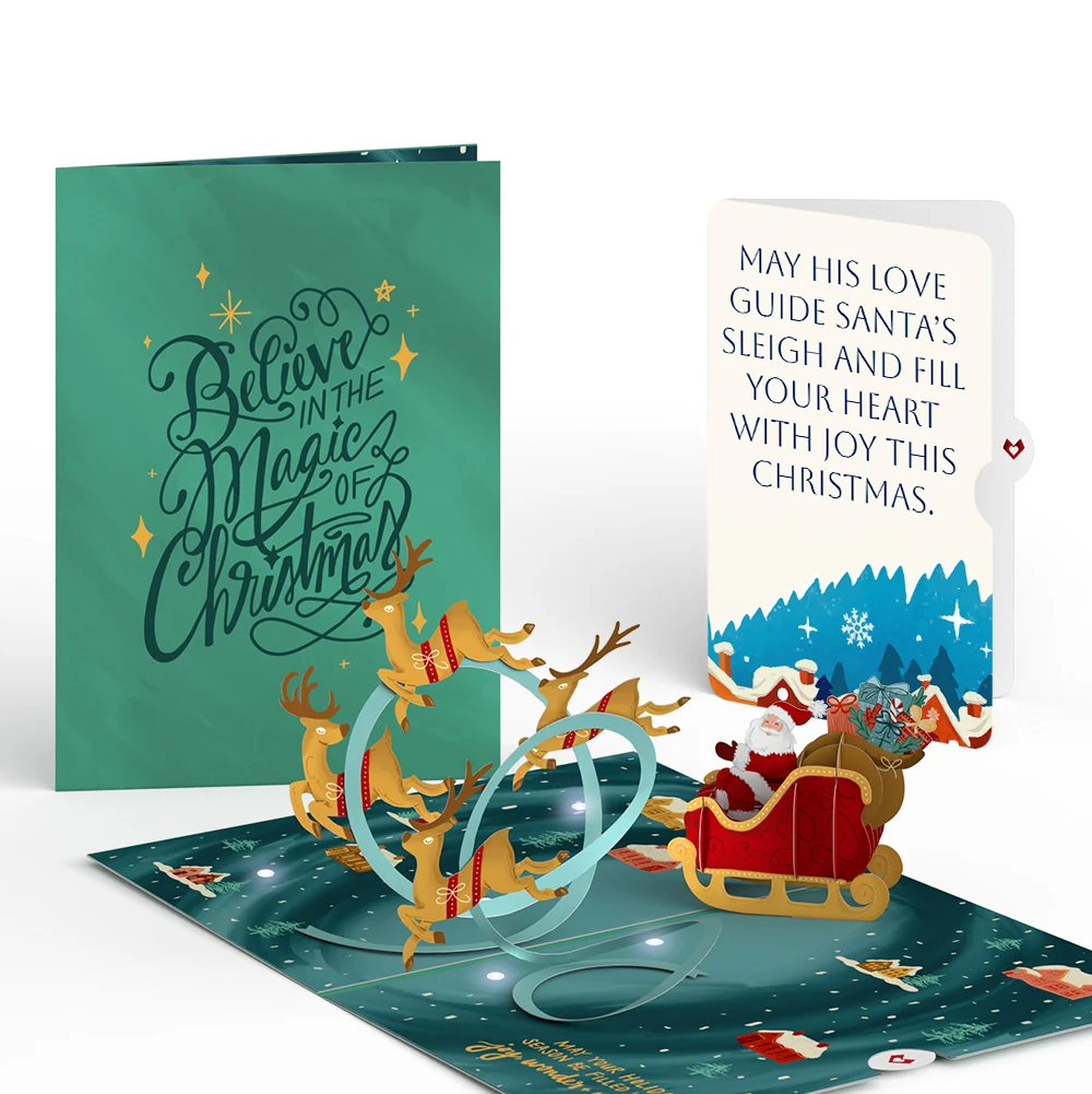Lovepop Magic of Christmas Santa's Sleigh Light-Up Pop-Up Card and Snow Village Guiding Love Sentiment Set Cream