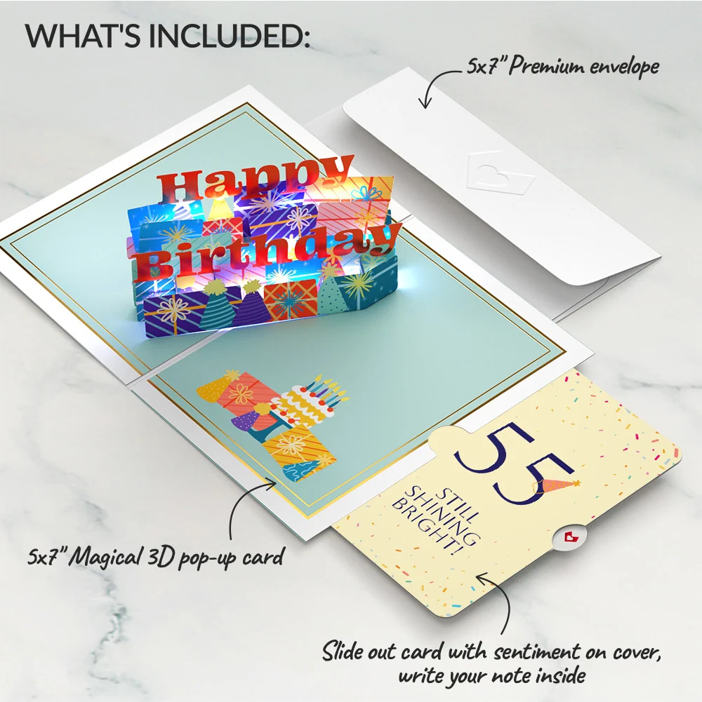 Lovepop Wishing You a Happy 55th Birthday Music and Lights Pop-Up Card and Party Hat Sentiment Set - Image 2