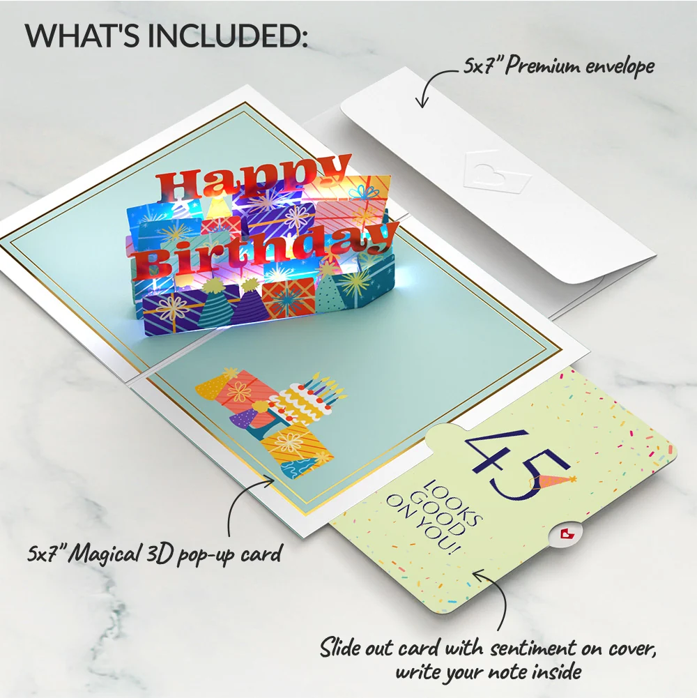 Lovepop Wishing You a Happy 45th Birthday Music and Lights Pop-Up Card and Party Hat Sentiment Set - Image 2