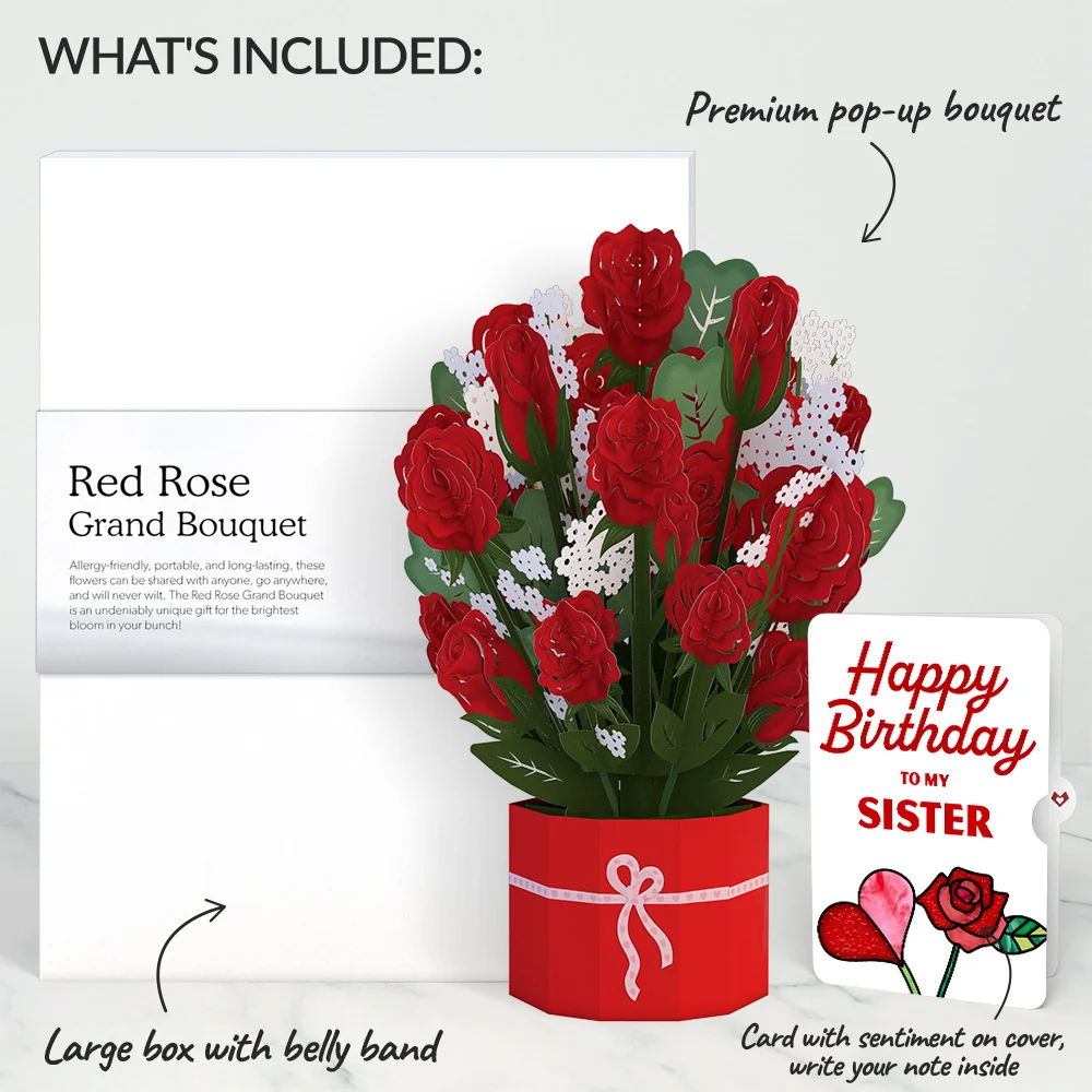Lovepop Red Rose Birthday Grand Bouquet and Sentiment Set for Sister Vase - Image 2