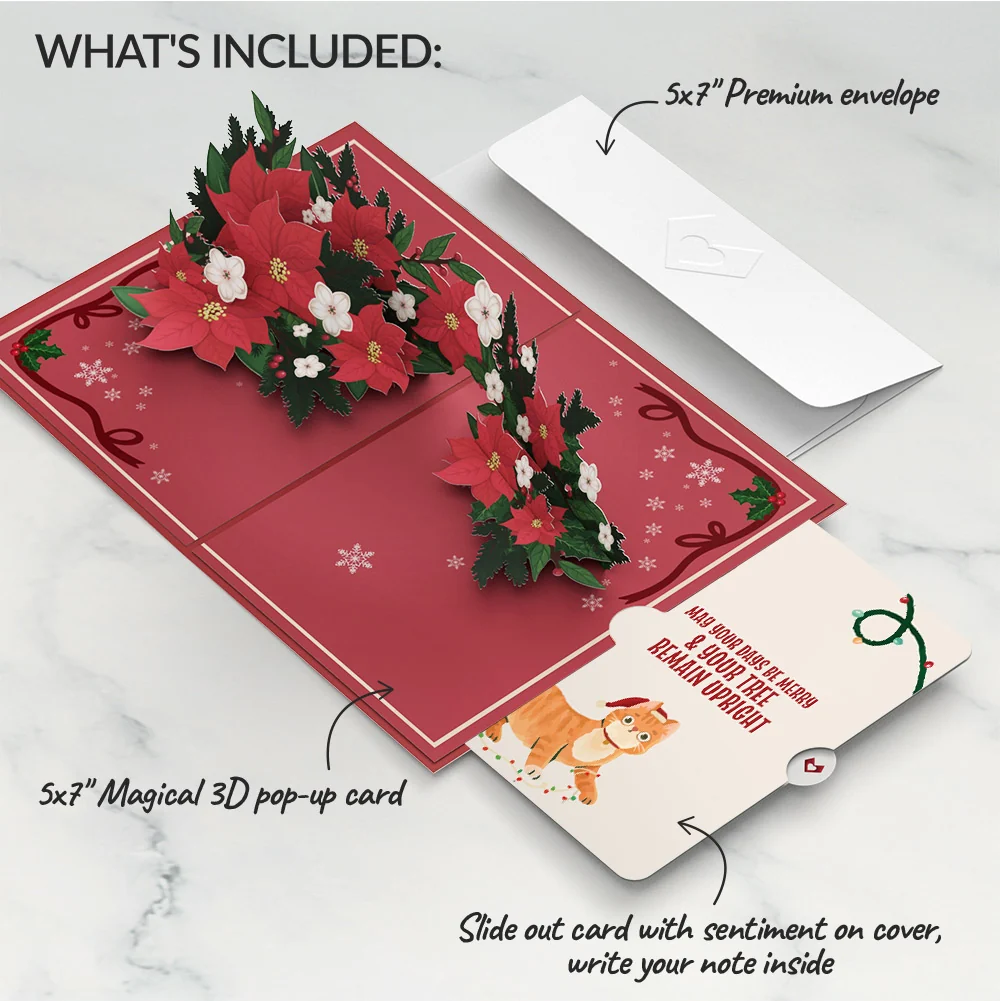 Lovepop Poinsettia & Pine Christmas Pop-Up Card and Funny Cat Sentiment Set Cream - Image 2