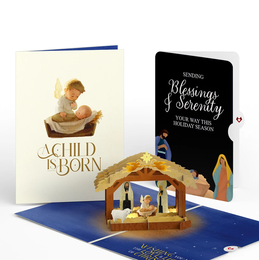 Lovepop A Child is Born Nativity Christmas Light-Up Pop-Up Card and Blessings & Serenity Sentiment Set Cream