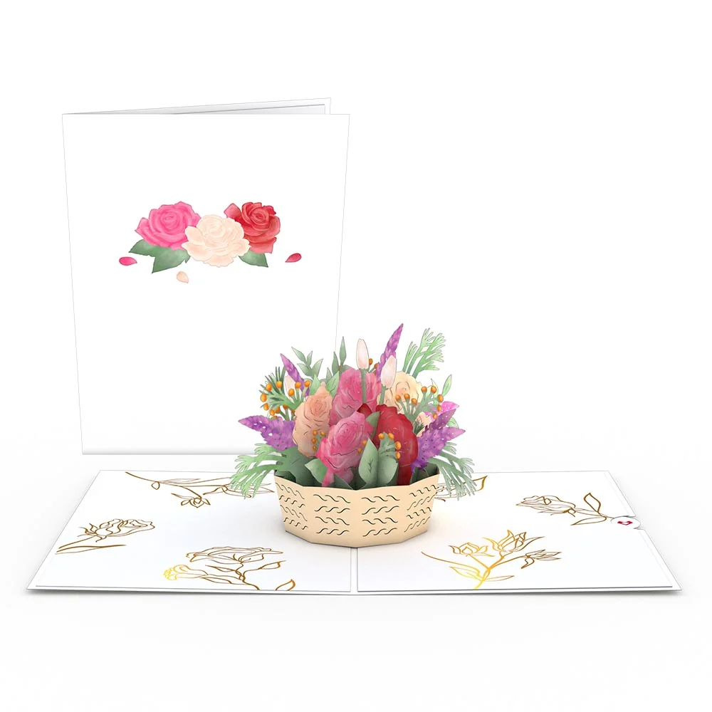 Lovepop Pink Rose Basket Pop-Up Card Cream