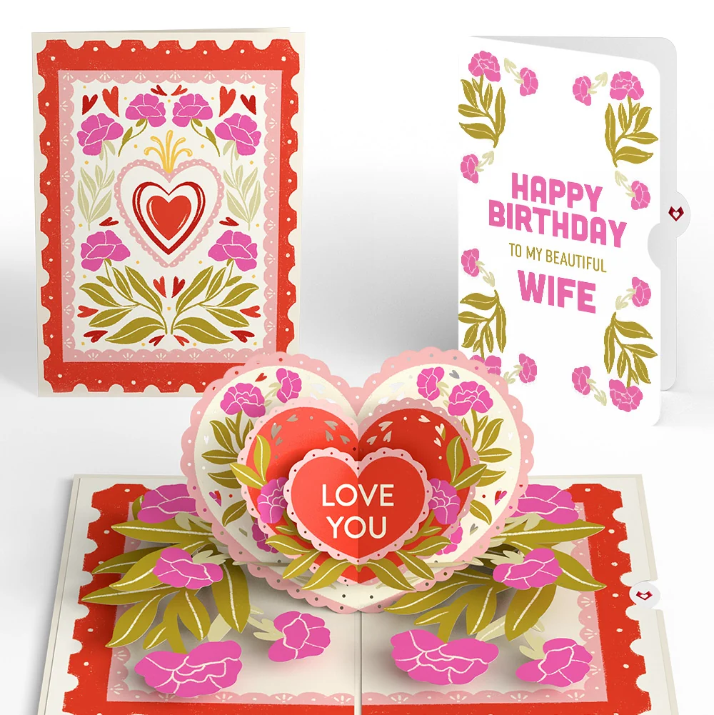 Lovepop Vintage Floral Love You Heart Birthday Pop-Up Card and Sentiment Set for Wife
