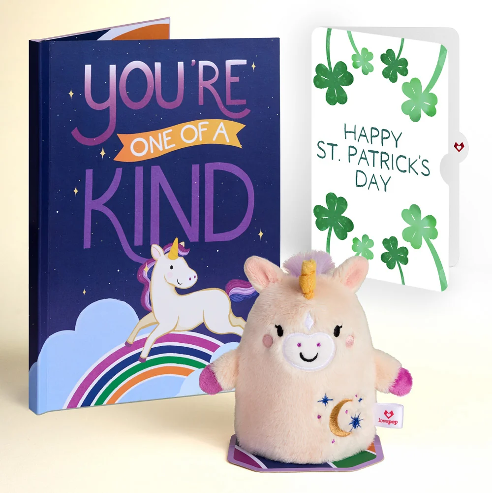 Lovepop 'One of a Kind' Unicorn St. Patrick’s Day Plushpop Card and Shamrock Sprigs Sentiment Set Cream
