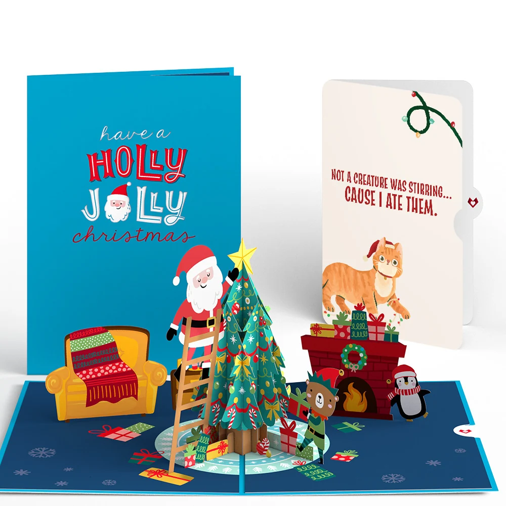 Lovepop Santa Decorating a Christmas Tree Pop-Up Card and Hungry Cat Sentiment Set Cream