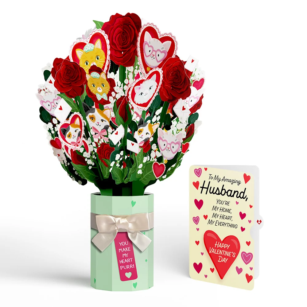 Lovepop You Make My Heart Purr Cat Valentine Bouquet and Sentiment Set for Husband Vase