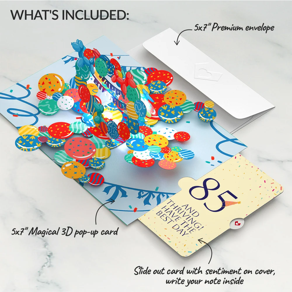 Lovepop Happy 85th Birthday Balloons Music and Lights Pop-Up Card and Party Hat Sentiment Set - Image 2